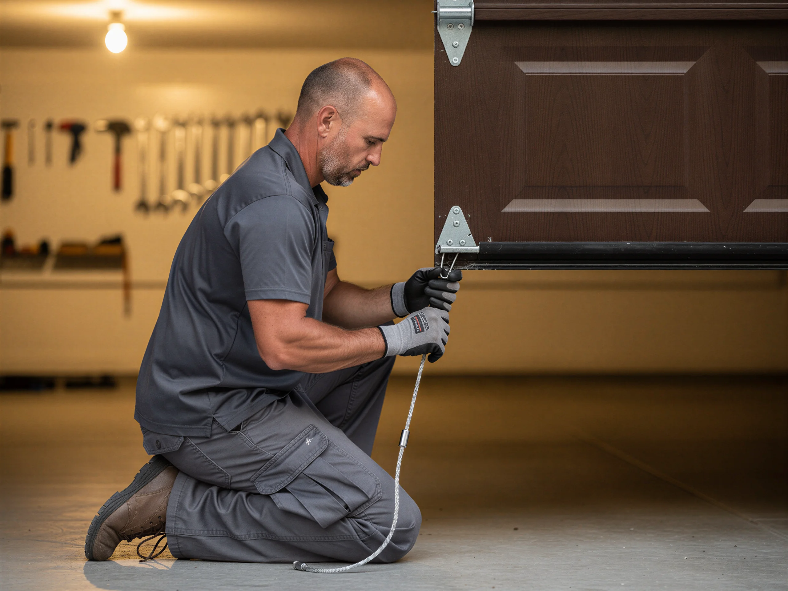 A technician kneels, working on the bottom of a brown garage door.