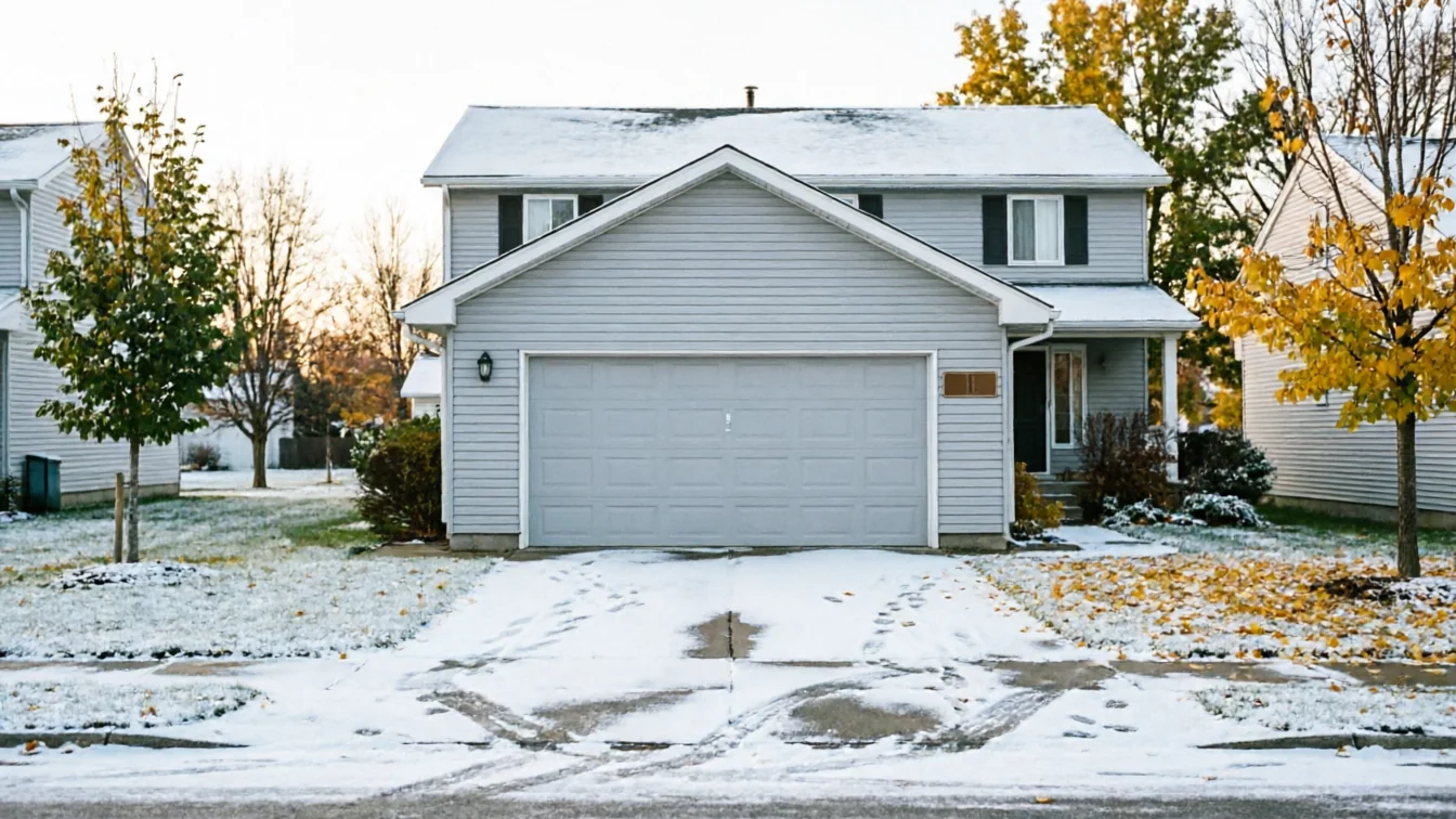 The house has a light gray garage door and siding, with snow on the roof and ground.