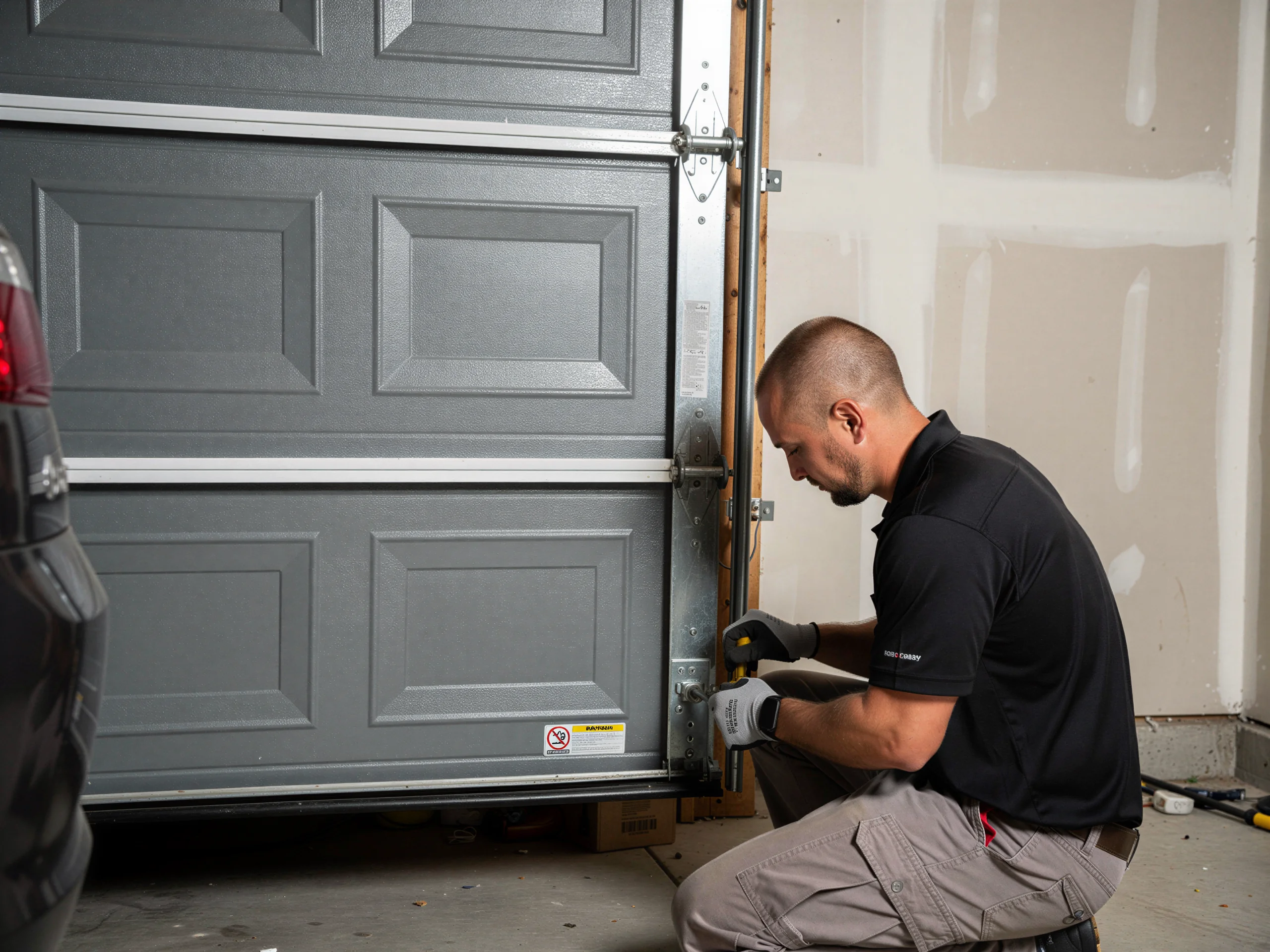 A technician in a black shirt and gray pants works on a gray garage door.